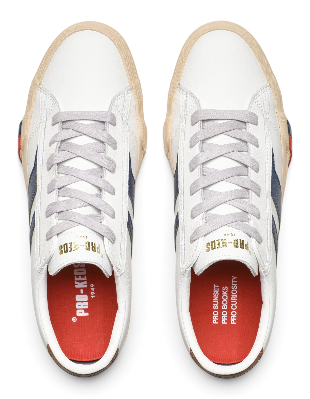 Sneaker uomo DevidLabel Pro-Keds Royal Classic in pelle bianca con dettagli blu, suola in gomma e soletta rossa