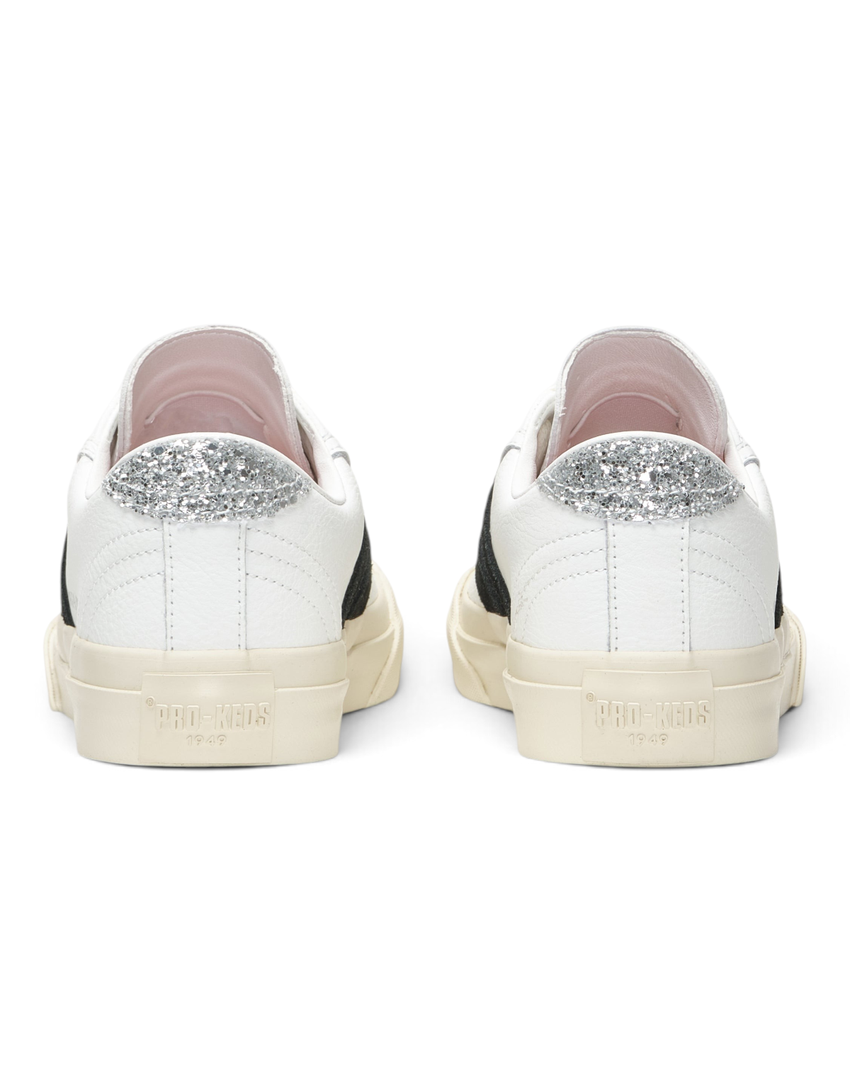 Vista posteriore delle sneaker DevidLabel Pro-Keds Royal Classic bianche e nere con dettaglio glitter sul tallone