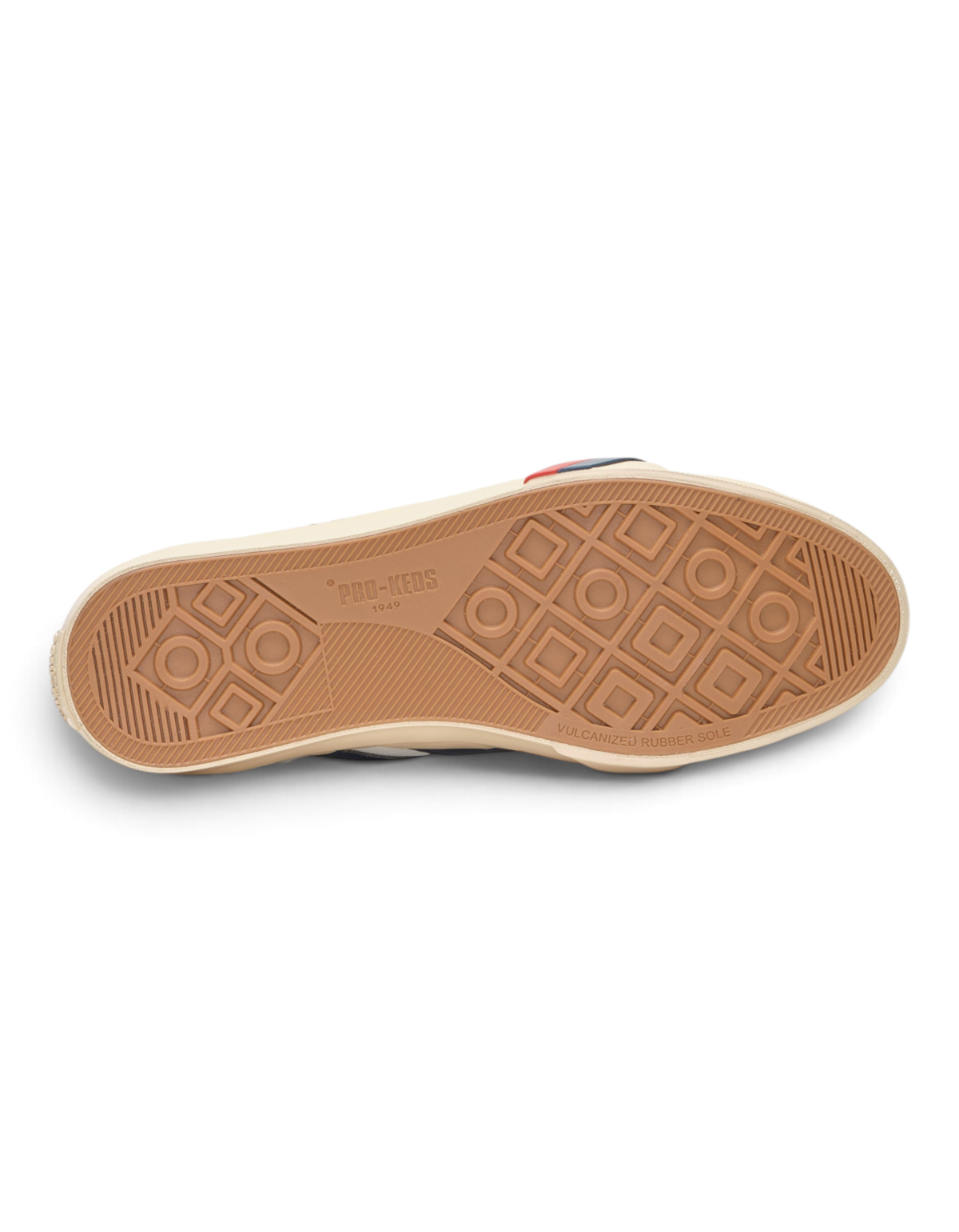 Suola in gomma vulcanizzata marrone della sneaker DevidLabel Pro-Keds Royal Classic con logo e pattern geometrico