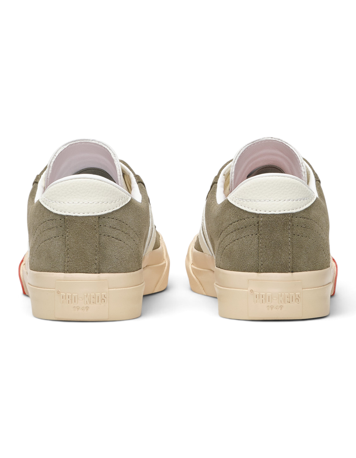 Vista posteriore delle sneaker DevidLabel Pro-Keds Royal Classic in suede color verde militare con suola in gomma