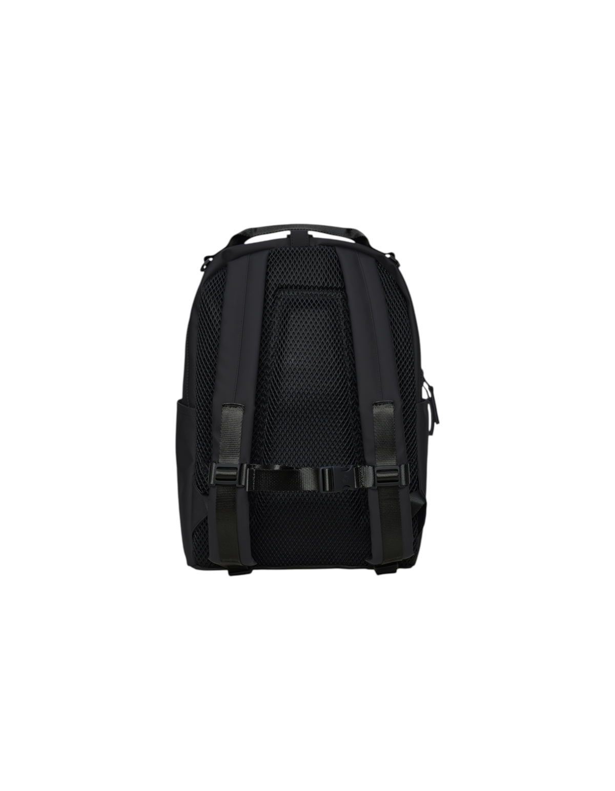 Vista posteriore dello zaino impermeabile DevidLabel Rains Clip Front Backpack nero con spallacci imbottiti e mesh