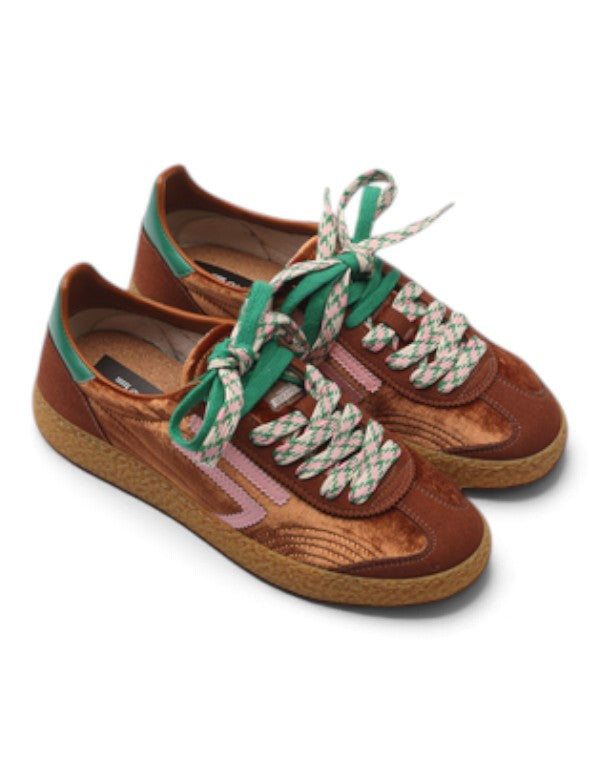 Sneaker donna Puraai 6.01 Xs Bronze DevidLabel in velluto color bronzo con lacci fantasia e dettagli verdi