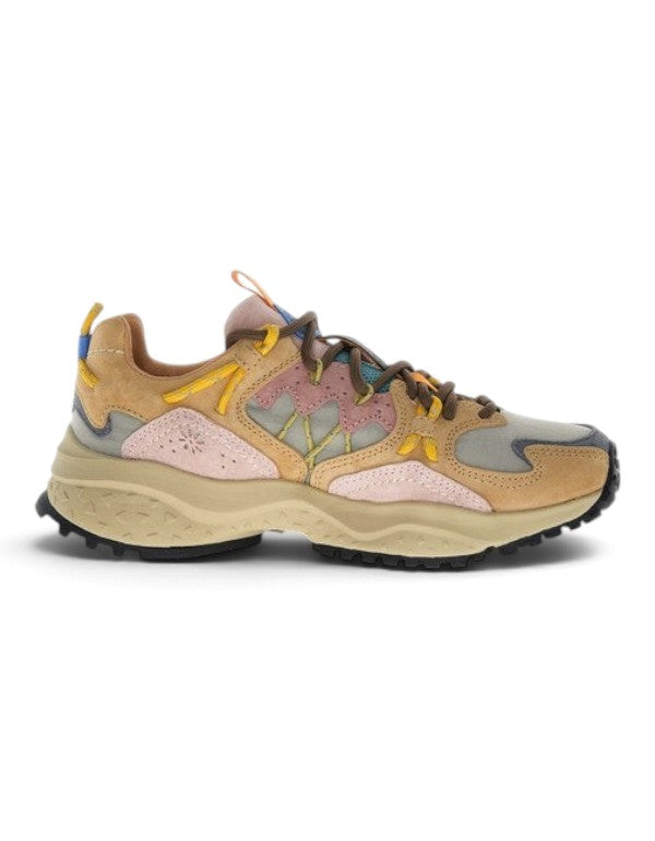 Sneaker da donna DevidLabel Flower Mountain Yamabushi in suede e nylon color cognac, taupe e rosa con suola in gomma