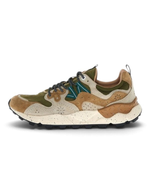 Sneaker DevidLabel Flower Mountain Yamano 3 in suede e nylon color crema, marrone e taupe con suola in gomma maculata