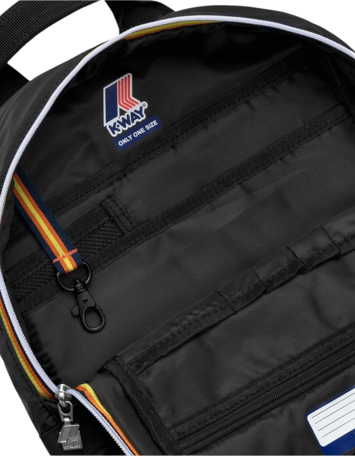 Interno dello zaino DevidLabel K-Way Mid Laon Black Pure con scomparti organizzativi, gancio e logo K-Way