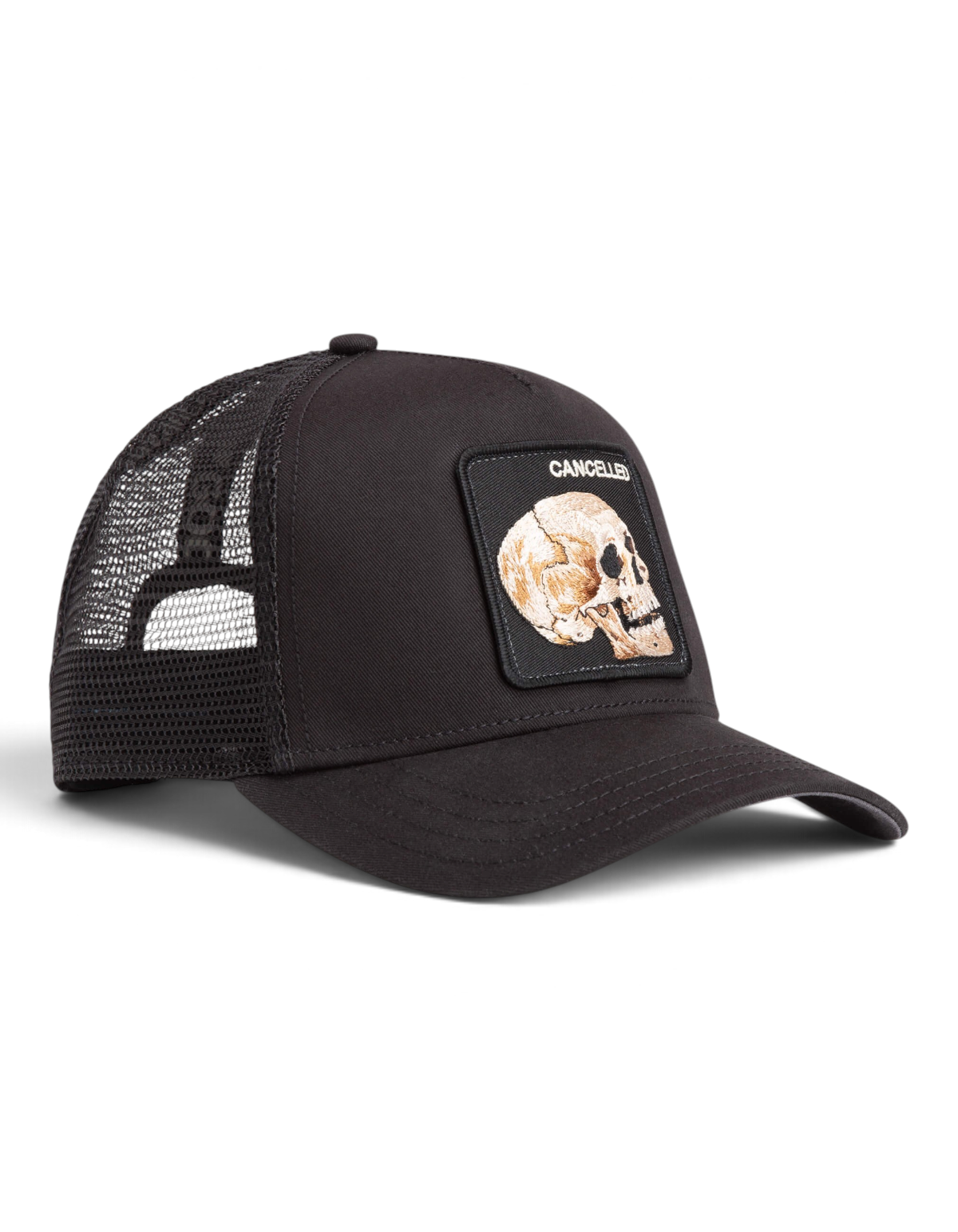 Cappellino trucker DevidLabel Goorin Bros The Cancelled Skull nero con patch teschio ricamato e retro in rete