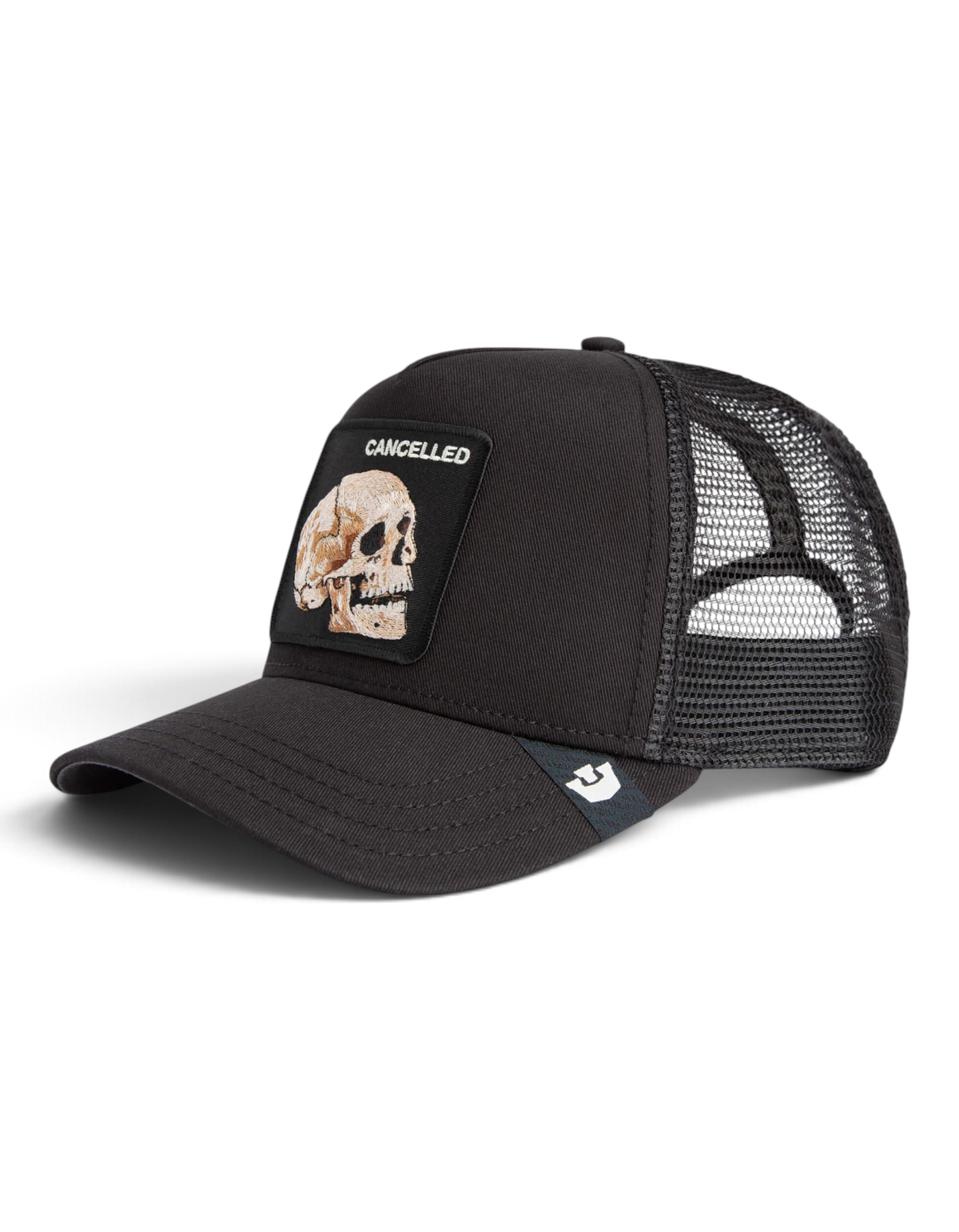 Cappellino trucker DevidLabel Goorin Bros The Cancelled Skull nero con patch teschio ricamato e retro in rete