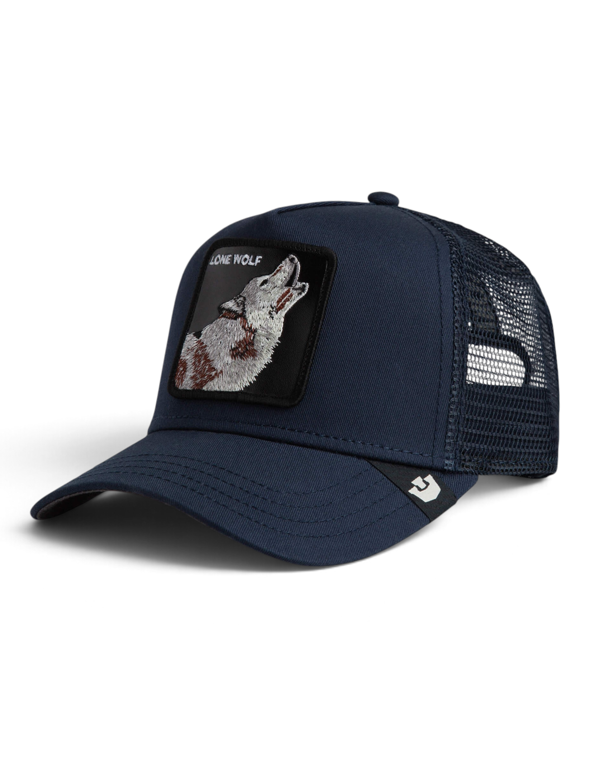 Cappellino trucker DevidLabel Goorin Bros Lone Wolf blu scuro con patch ricamata di un lupo che ulula
