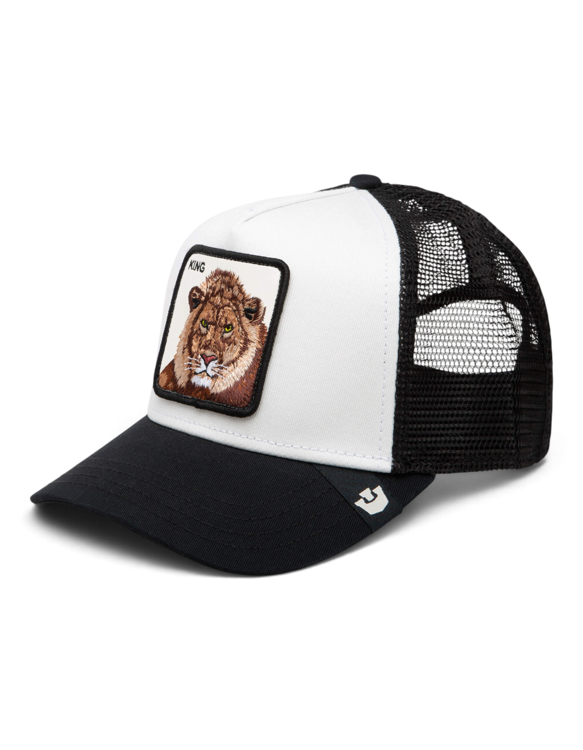 Cappellino trucker DevidLabel Goorin Bros King color Dust con patch ricamata di un leone e retro in rete nera