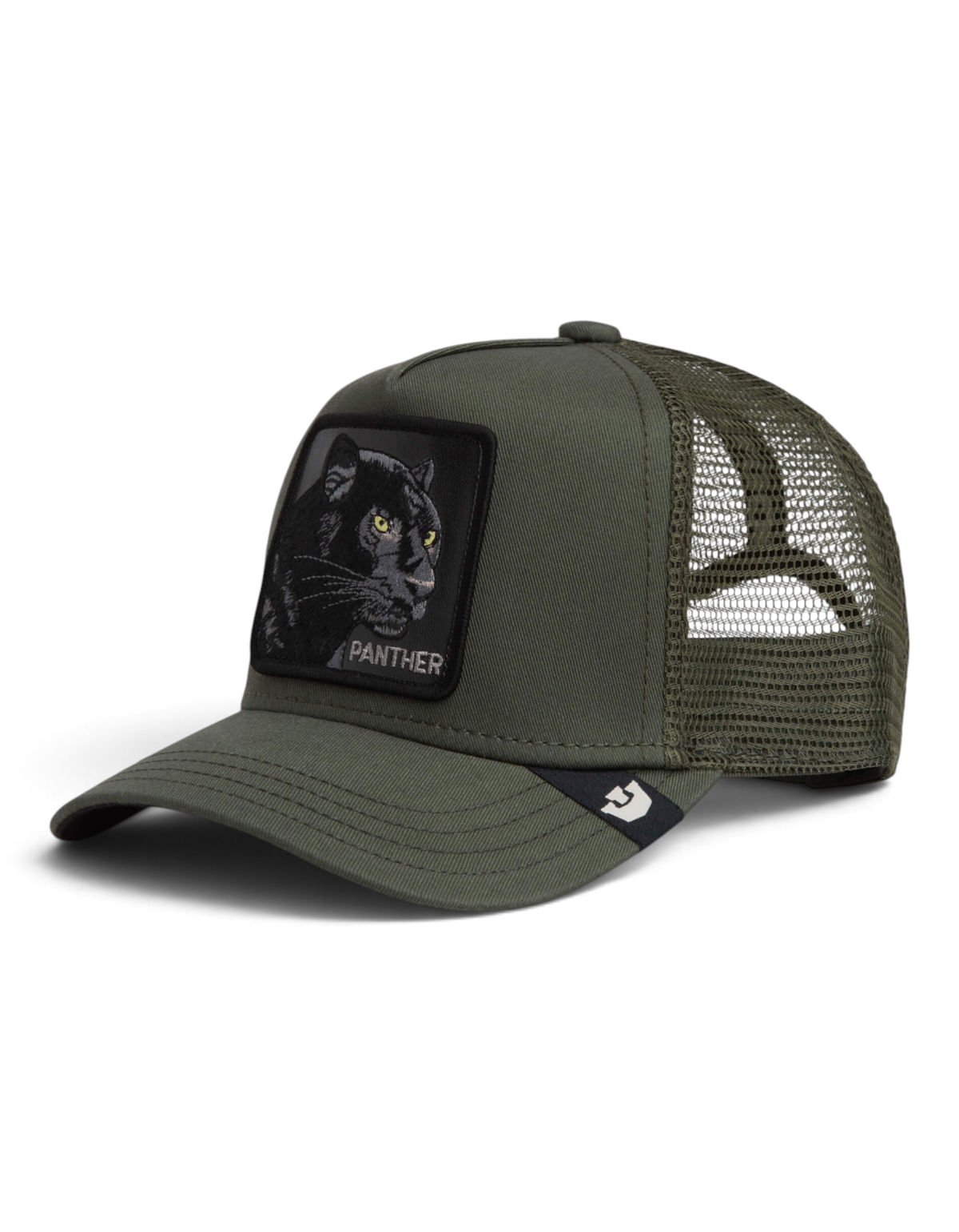 Cappellino trucker DevidLabel Goorin Bros Panther color verde oliva con patch ricamata di una pantera