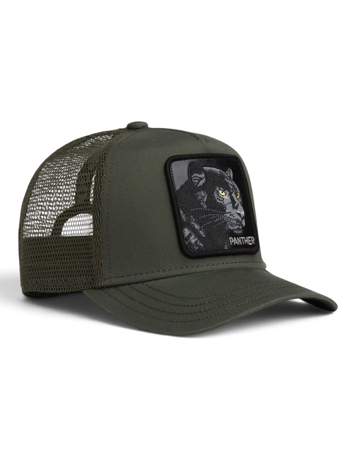 Cappellino trucker DevidLabel Goorin Bros Panther color verde oliva con patch ricamata di una pantera
