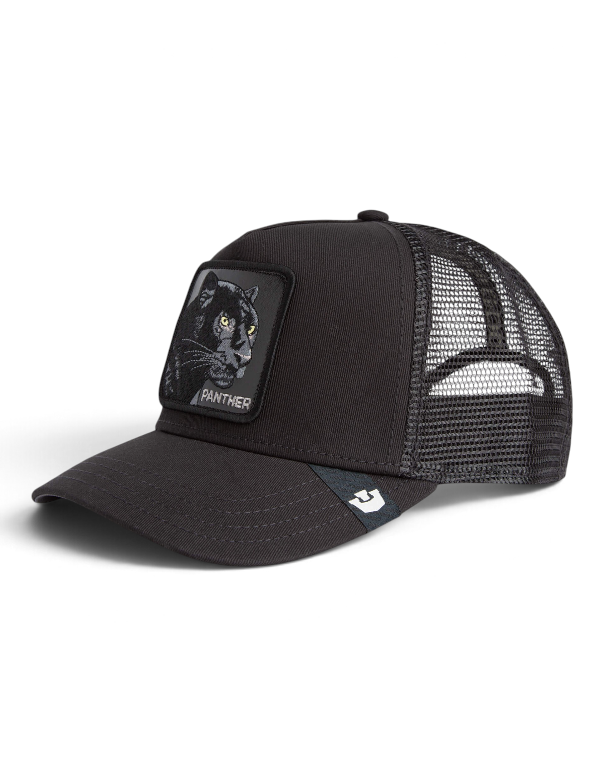 Cappellino trucker DevidLabel Goorin Bros Panther nero con patch ricamata frontale e retro in rete traspirante