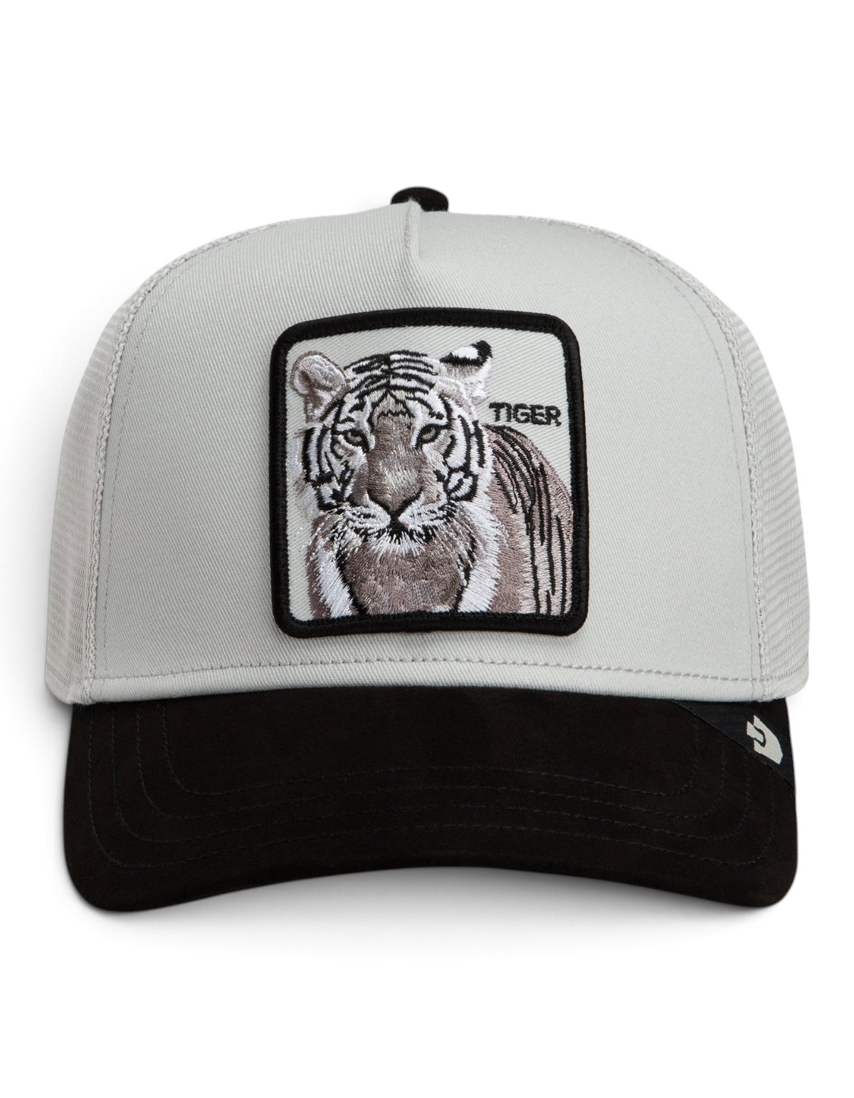 Cappellino trucker DevidLabel Goorin Bros Suede Tiger grigio e nero con patch ricamata di una tigre