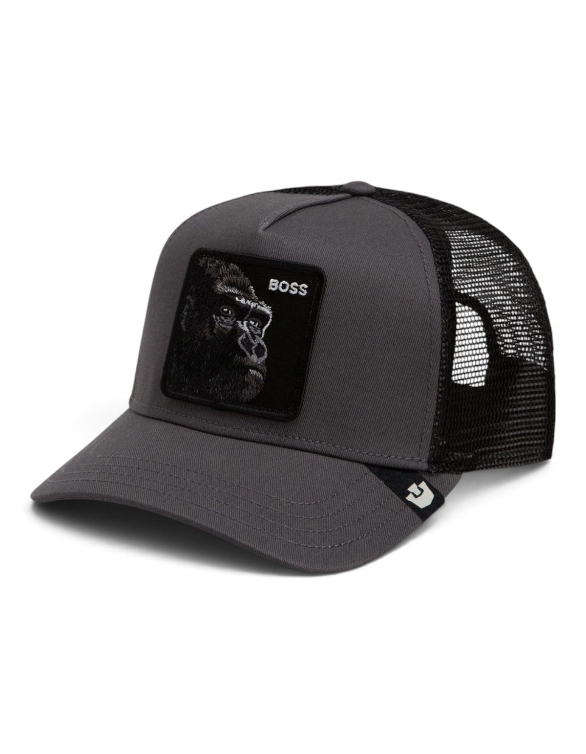 Cappellino trucker DevidLabel Goorin Bros The Boss grigio con patch gorilla e retro in rete nera