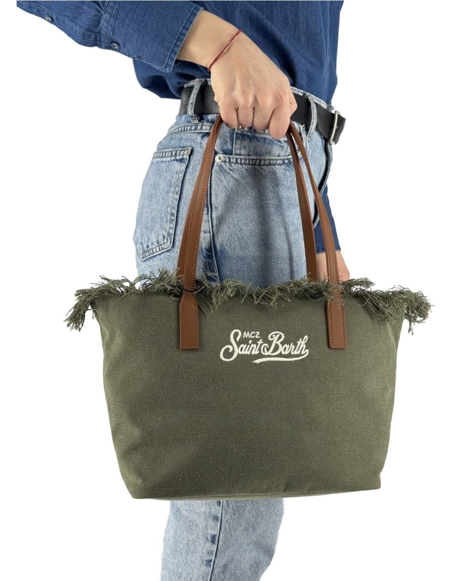 MC2 Saint Barth Borsa City Bag Mid Fringe Canvas Verde – vista principale – Master SKU MC2_CBMF001_00587L