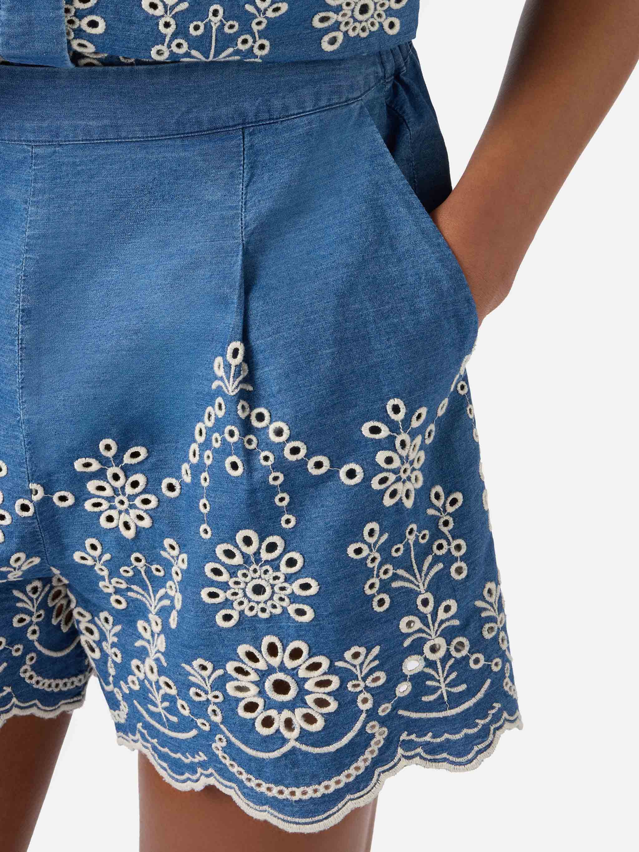 MC2 Saint Barth Pantaloncini Donna Amani Chambray M Morris Flower Blu – dettaglio prodotto 4 – Master SKU MC2_AMN0001_00473L