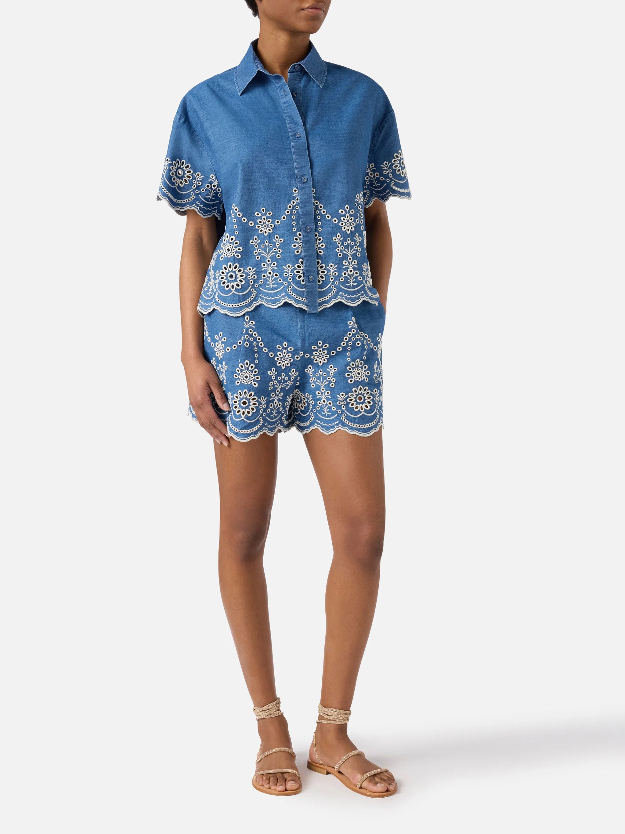 MC2 Saint Barth Pantaloncini Donna Amani Chambray M Morris Flower Blu – dettaglio prodotto 7 – Master SKU MC2_AMN0001_00473L