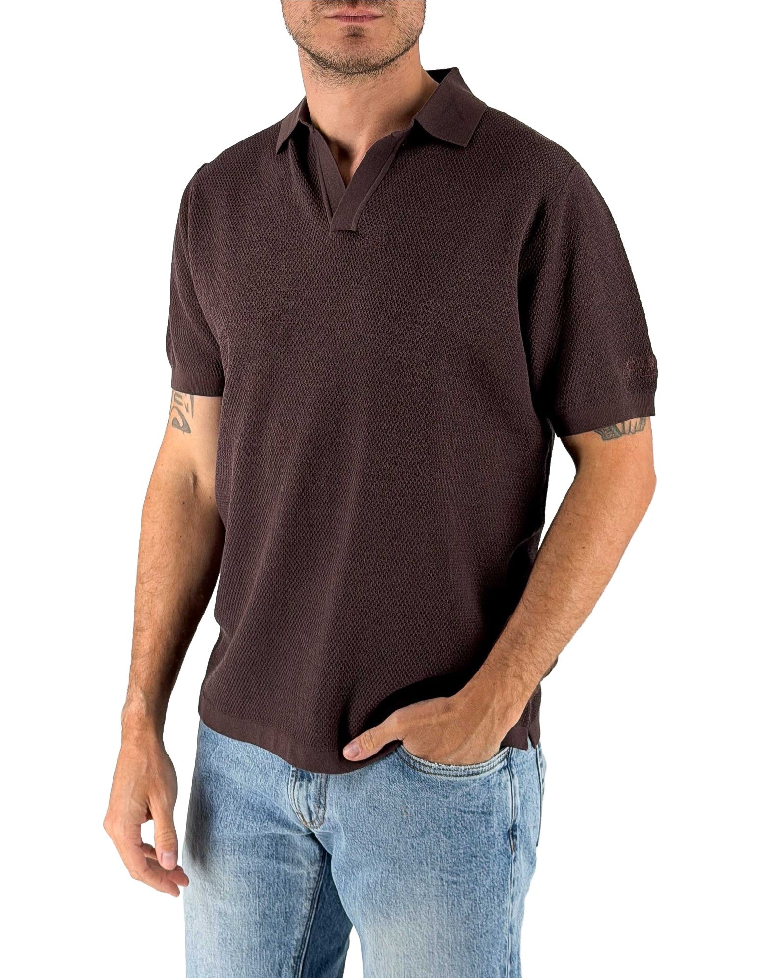MC2 Saint Barth Polo Uomo Sloan Mesh Marrone in Filo di Cotone – vista principale – Master SKU MC2_SLO0009_00098L
