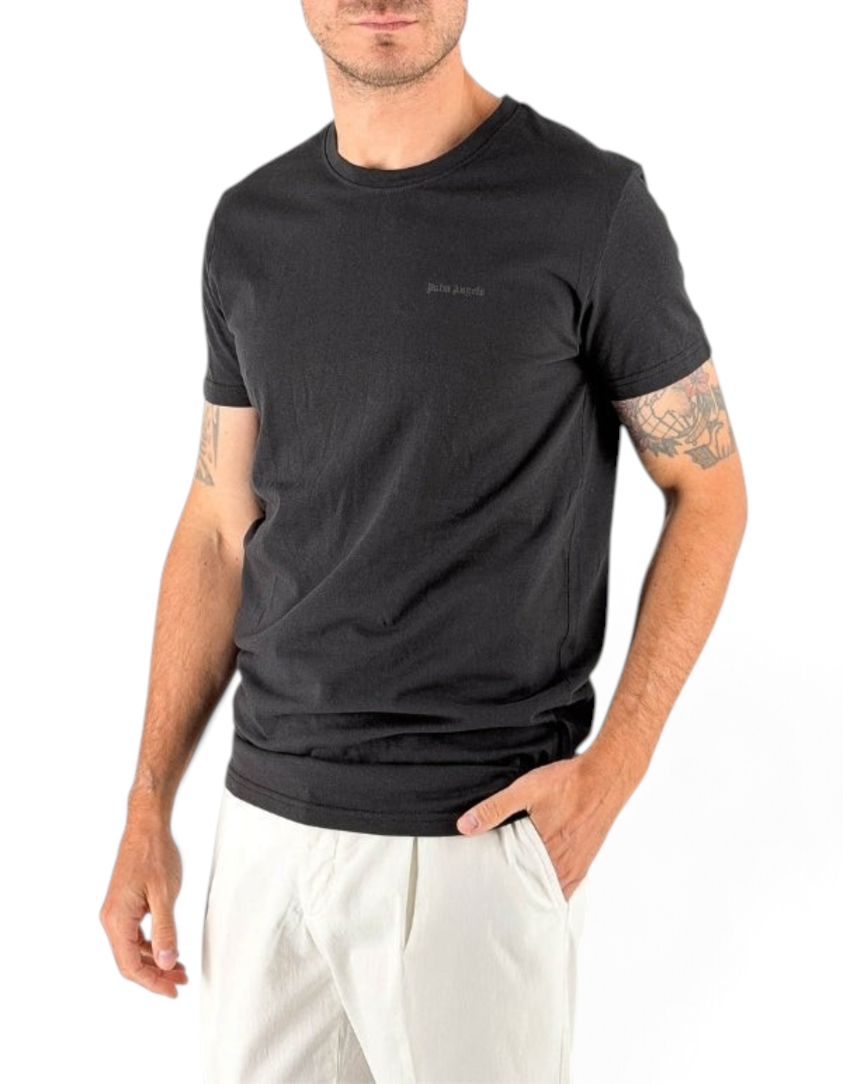 Palm Angels T-Shirt Nera Logo Tonal – vista principale – Master SKU PLA1UMWTS04TR-BLA