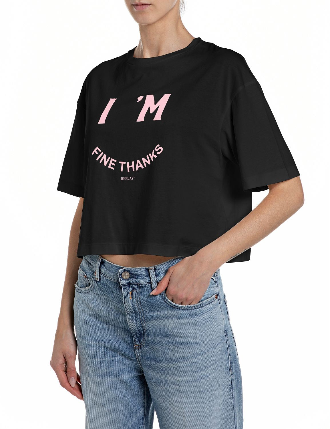 Replay T-shirt Donna Cropped Nera Smiley Stampa Fucsia – vista principale – Master SKU RPY_W3410G00020994_098