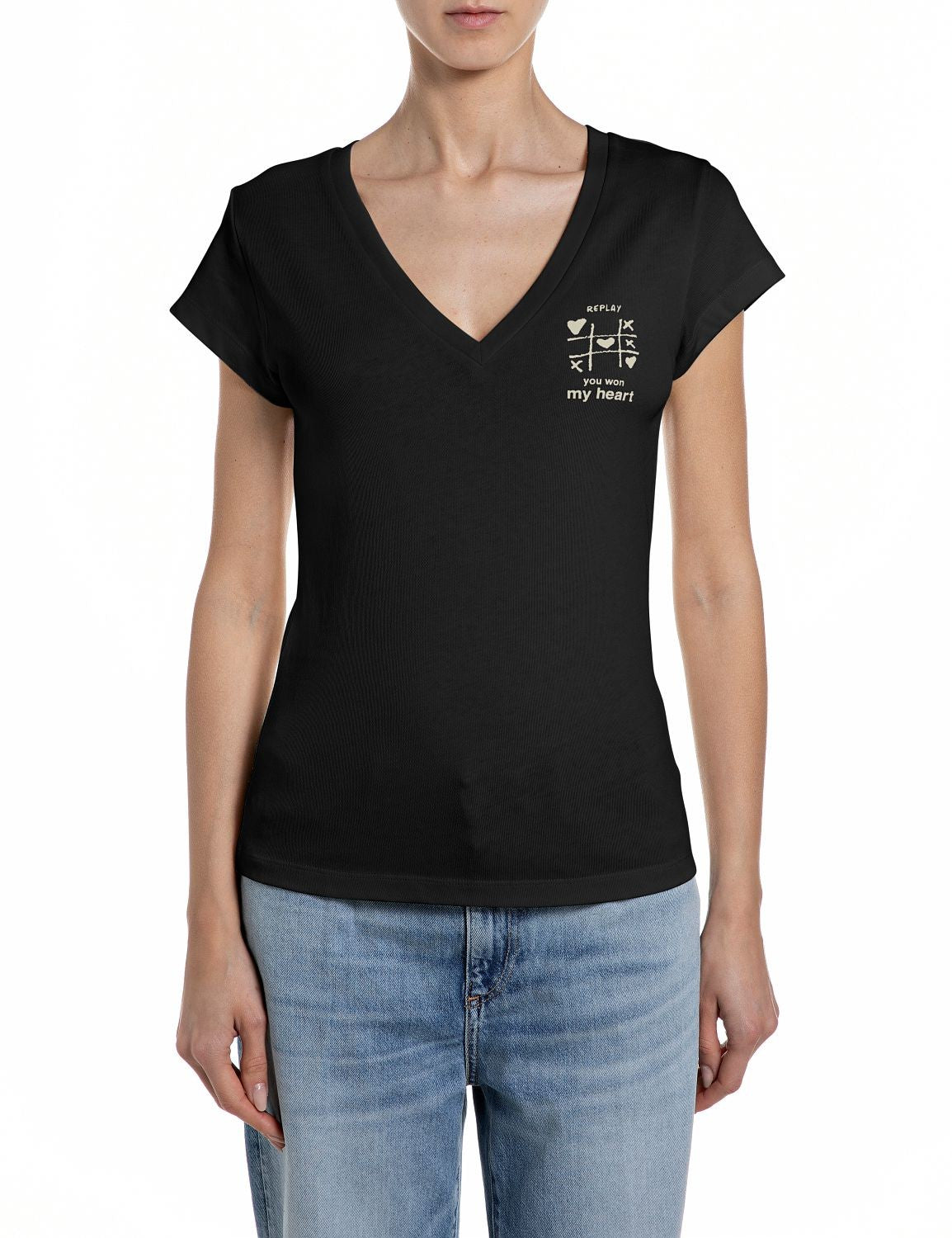 Replay T-shirt Donna Slim Fit Nera Scollo V Cotone Stampa Bianca – vista principale – Master SKU RPY_W3467A00023792G_098