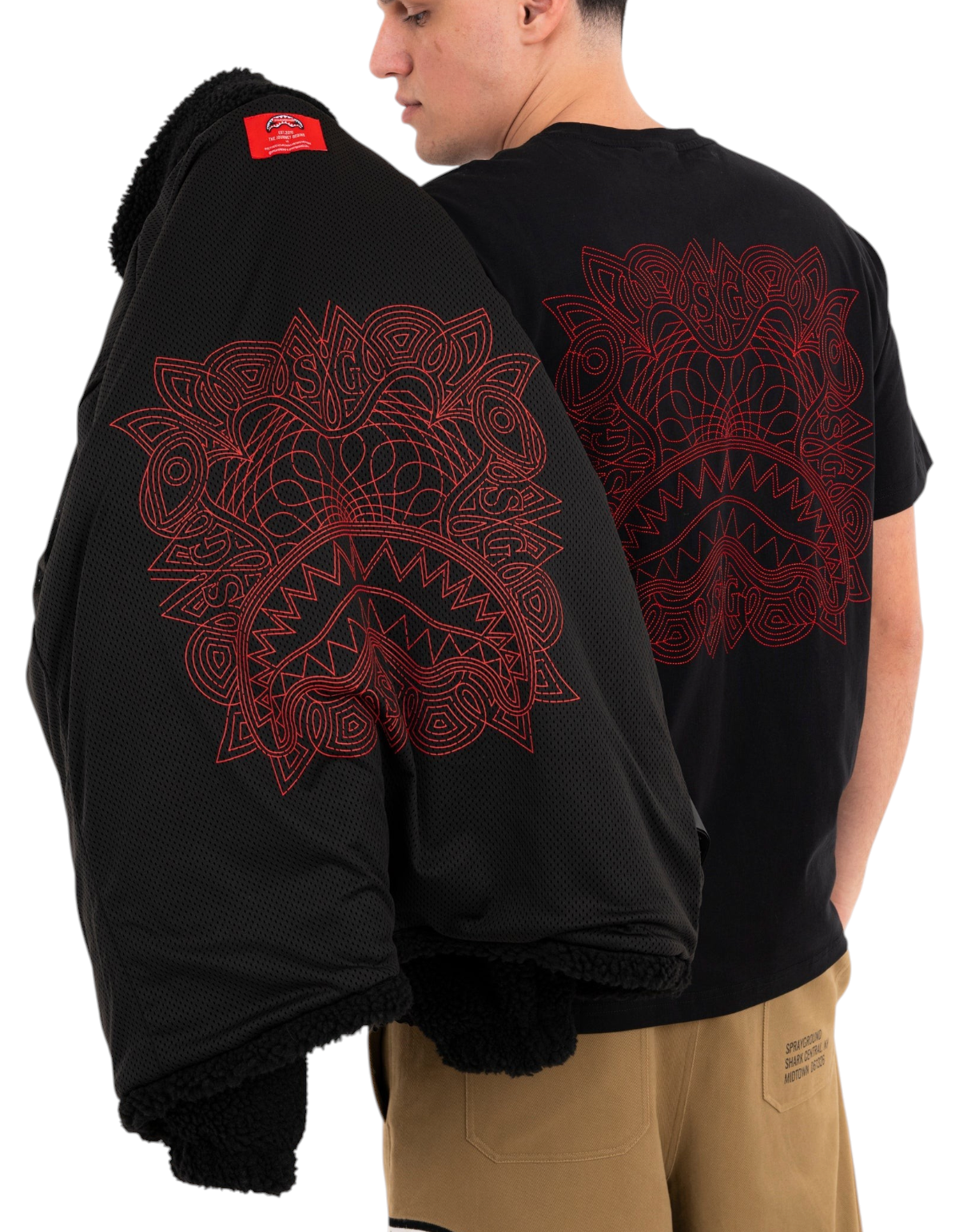 Sprayground Black Puffer Monogram Teddy Jacket nero - dettaglio della fodera interna decorata